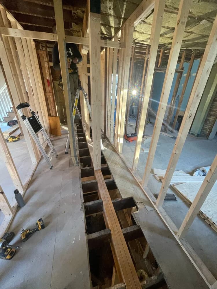 Floor framing during construction.